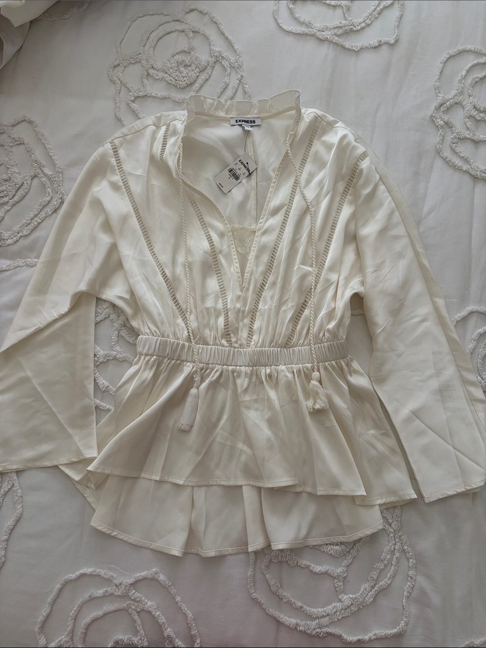 Express silky Cream Peplum Lace-Trim Blouse